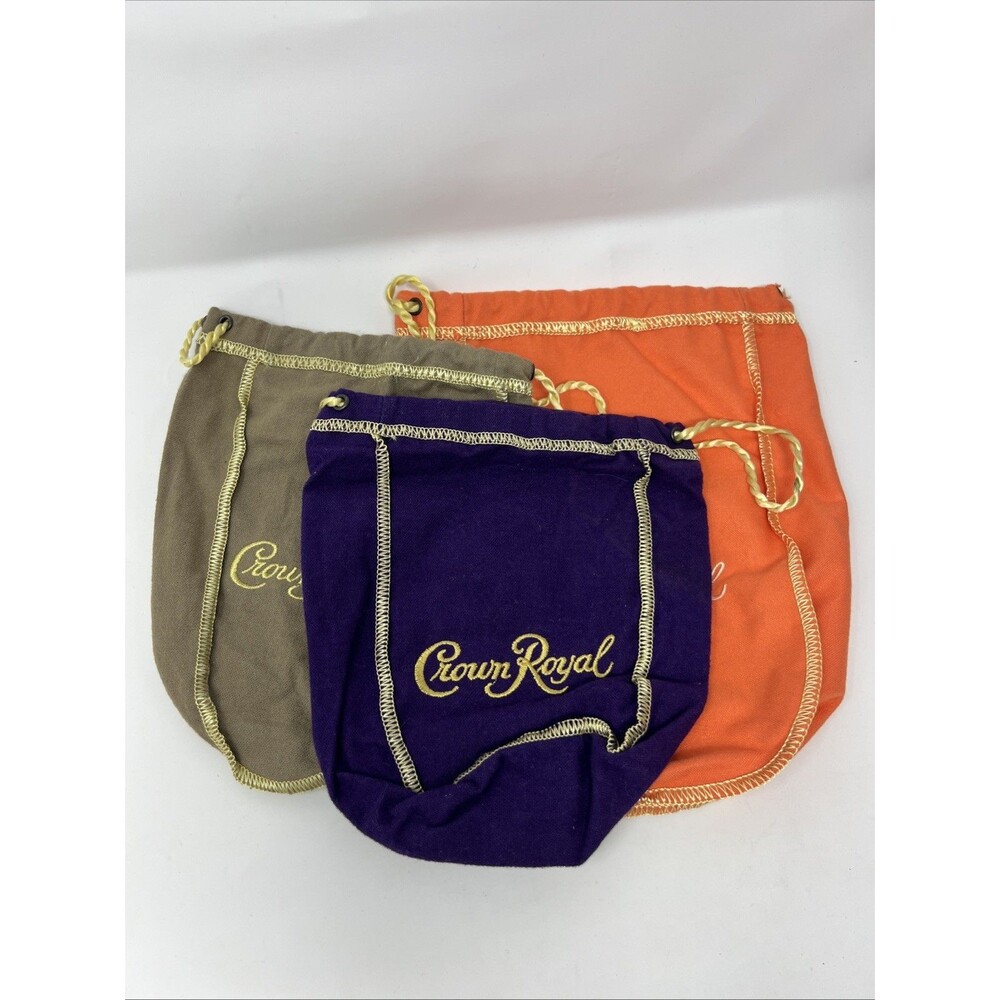 Lot of 3 Crown Royal Felt Bags Orange Purple Tan Brown Collectible 2 Sizes
